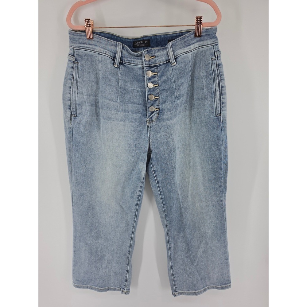 Judy Blue High Waisted Button Fly Wide Leg Crop Jeans Light Wash Pleated Front